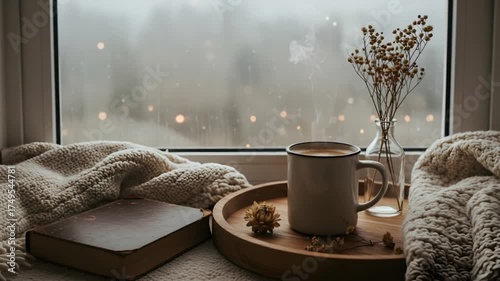 Cozy window scene with a coffee mug, a book, and dried flowers. This tranquil image evokes a sense of calm, perfect for relaxing indoors
