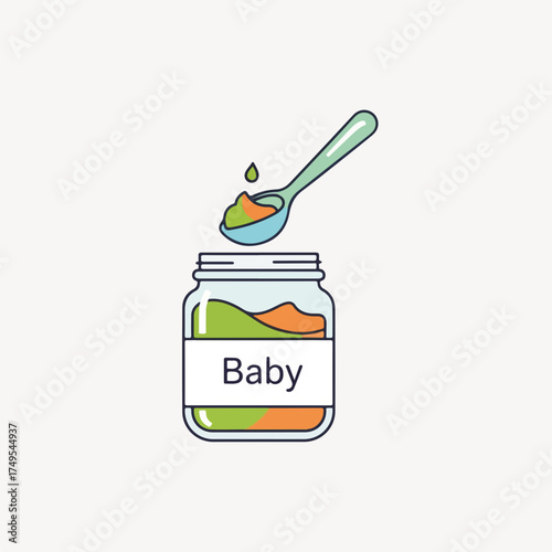 Baby food jar filled with healthy food and spoon on bright background. Baby food is ideal for newborns and toddlers, made from fresh ingredients.