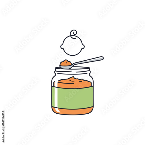 Baby food in jar, with spoon and linear baby icon. Baby food, healthy meal in jar, with spoon placed on top, offering nourishing food, delicious homemade vegetable puree for infants.
