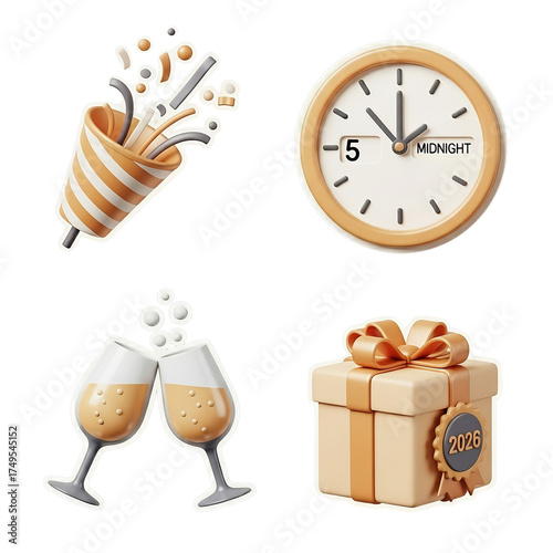 3D golden new year 2026 celebration icon set modern design isolated on transparent background