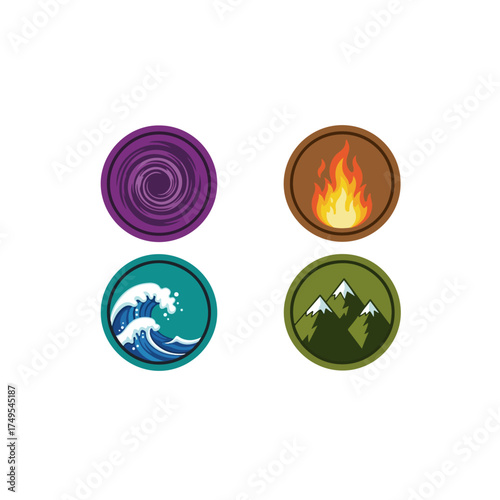 Four elemental symbols: air, fire, water, and earth