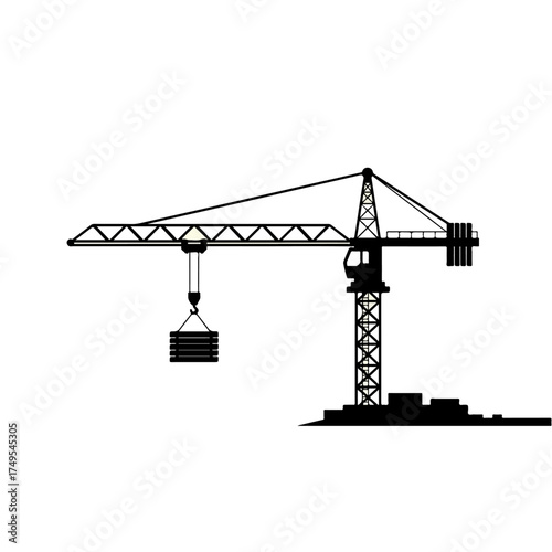 Tower crane lifting heavy load at construction site