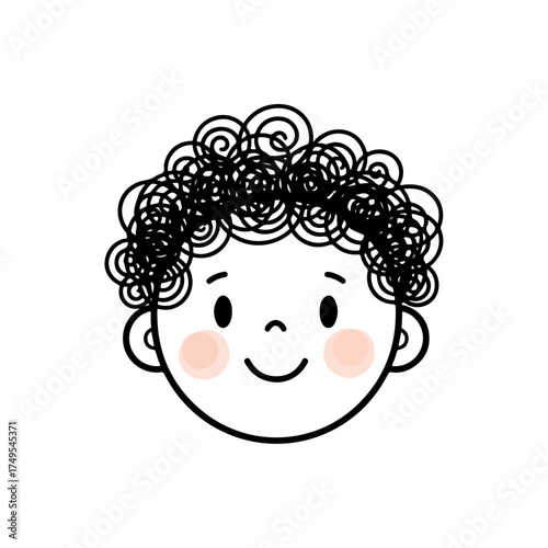 Child with curly hair smiling with rosy cheeks