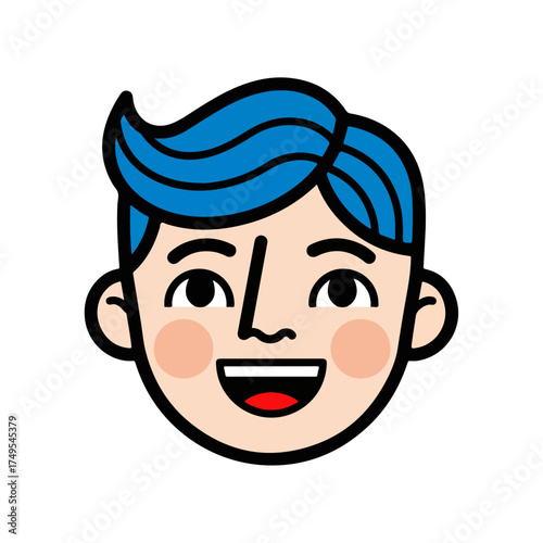 Young boy with blue hair smiling broadly