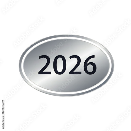 Metallic 2026 number badge silver oval emblem design isolated on transparent background