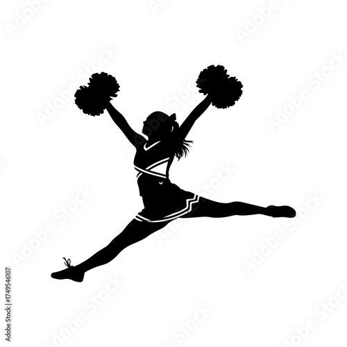 Silhouette of a cheerleader jumping with pom-poms.