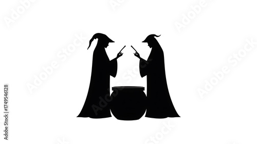 Silhouetted figures in pointed hats stir a cauldron with wands. A magical silhouette evokes mystery and the mystical arts in a minimalist design.