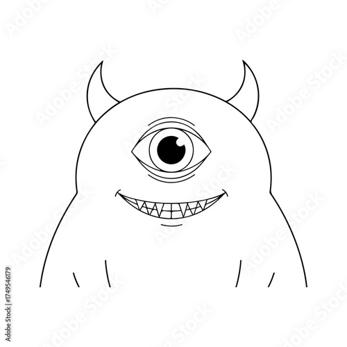 Cartoon illustration of a one-eyed monster with horns and a toothy grin.
