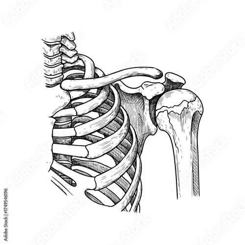 Illustration of the human ribcage, clavicle, and shoulder joint.
