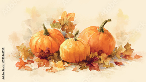 Rustic watercolor artwork depicting three bright orange pumpkins and autumn leaves for Thanksgiving celebration - vector illustration