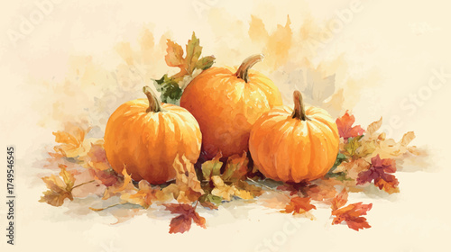 Charming watercolor Thanksgiving still life featuring three vibrant orange pumpkins and autumn leaves arrangement - vector illustration