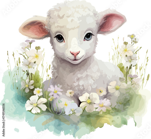 Adorable watercolor illustration of a cute baby lamb lying peacefully on soft grass under gentle light - vector illustration
