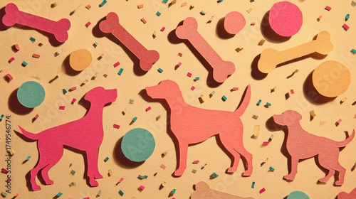 Wonder & Joy Lifestyle Paper Cut Dogs Pattern with Bones and Confetti Background. AI generative