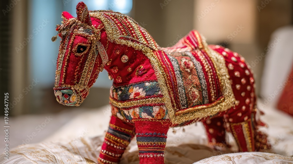 Obraz premium Ornate red fabric horse sculpture with intricate beadwork and embroidery.