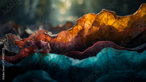 Autumn nature abstract artwork featuring dark textured foliage, golden orange wave layers, and teal background.