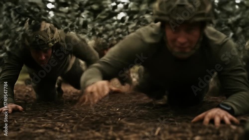 Realistic Military Training Illustration Soldiers Crawl Through Obstacle Course