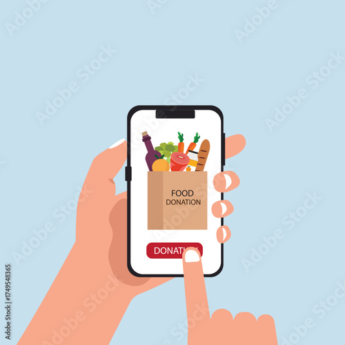 Hand holding smartphone with donation app. Concept for charity online service. Charity food donation box with full of food vector illustration.