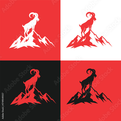 Mountain Goat Standing Triumphantly on Mountain Peaks in Various Color Combinations for Strong and Resilient Branding vector illustration 