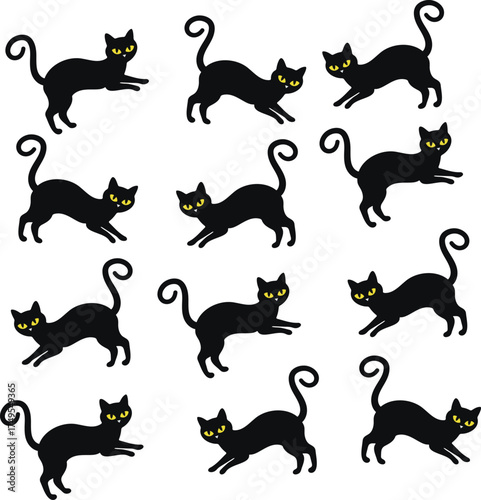 Seamless pattern black felines with bright yellow eyes in diverse playful postures creating a repeating graphic background vector illustration 