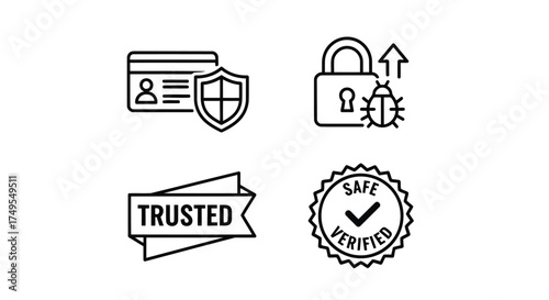 Vector illustration of collection of trusted and verified icons showing secure payment, bug free system, trusted source, and safe verification vector illustration