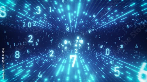 Digital data stream with numbers floating in a futuristic blue tunnel. Seamless loop.