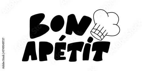 Bon Appetit Typography with Chef Hat Illustration for Cooking, Restaurant, and Food Design Concepts Focused on Dining, Culinary Creativity, and Delicious Meal Inspiration