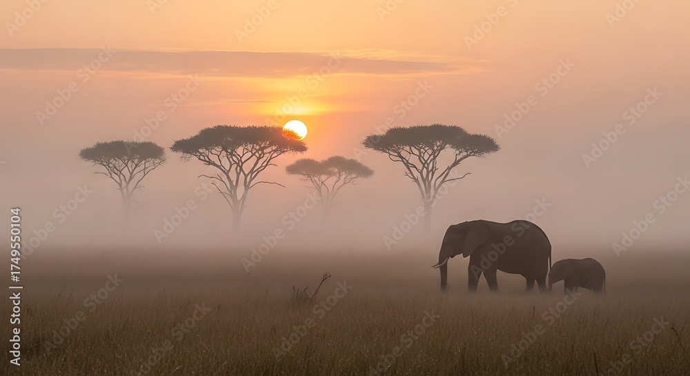 Fototapeta premium Elephants at Sunrise - A Serene African Landscape.