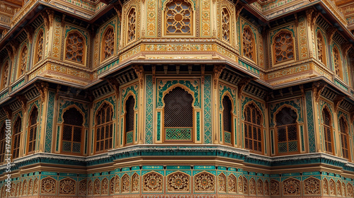 Golden ornate palace architecture with intricate carvings and arch