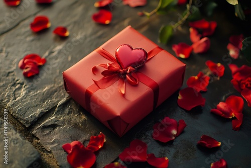 Red gift box with a heart decoration and ribbon, surrounded by scattered rose petals on a textured surface, symbolizing romance and celebration