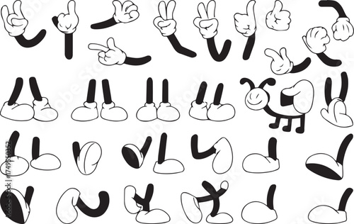 Black and Colorful Retro Cartoon Limbs – Vector Set of Gloved Hands and Booted Feet in Dynamic Mascot Poses.