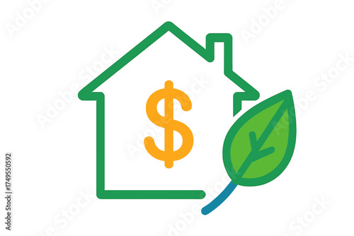 Green house outline with dollar sign and large leaf representing sustainable real estate investment and eco-friendly finance