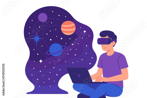Young person wearing virtual reality headset using laptop visualizing space and planets