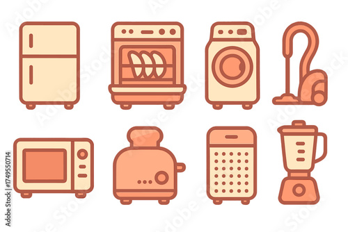 Collection of household appliances including refrigerator washing machine microwave and blender
