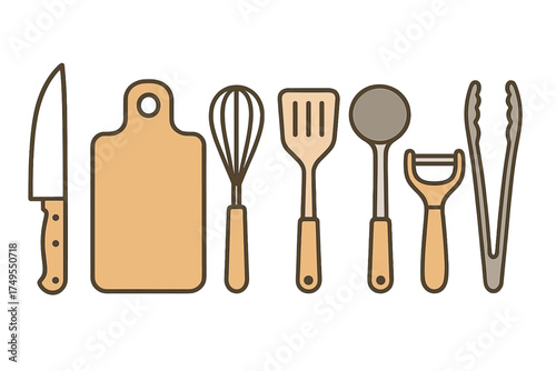 Collection of essential kitchen utensils including knife cutting board whisk spatula ladle peeler and tongs