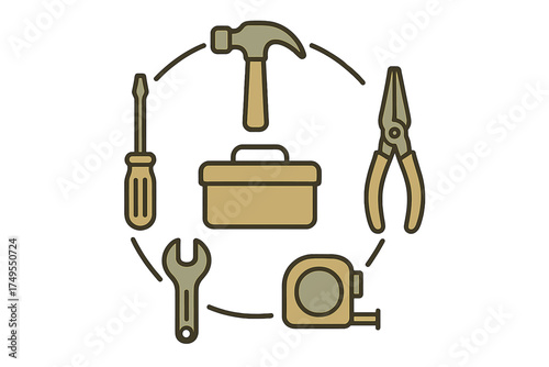 Essential hand tools and equipment for maintenance and repair work organized in a circular diagram around a central storage box