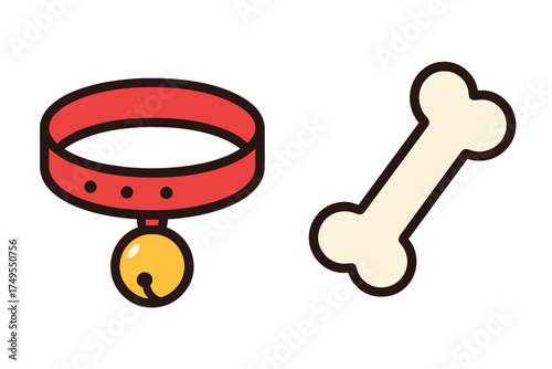 Red pet collar with golden bell and large white dog bone accessory set
