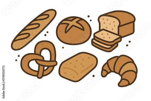 Freshly baked bread assortment including baguette, pretzel, croissant, and sliced toast