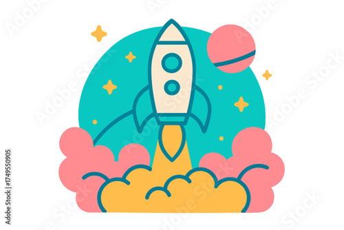 Stylized cartoon rocket taking off into deep space with vibrant colorful smoke trails and bright stars