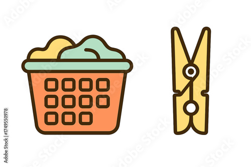 Household items for washing and drying clothes including a full hamper and a wooden peg