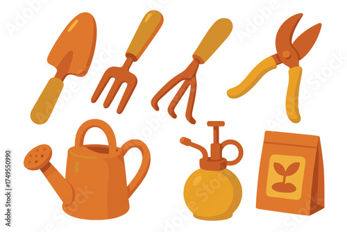 Set of essential gardening tools including trowel, hand fork, shears, watering can, and seeds