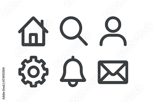 Minimalist set of six essential web and mobile application interface icons in thin line style