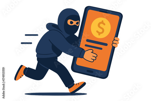Thief running away quickly with a stolen smartphone displaying financial data and a dollar sign icon