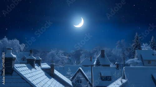 Silver moonlight shining over snowy rooftops at night