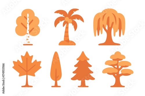 Collection of six stylized trees and plants in warm autumn colors isolated on white