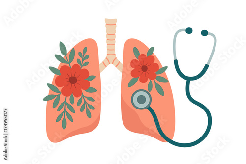 Human lungs decorated with red flowers and green leaves with a medical stethoscope