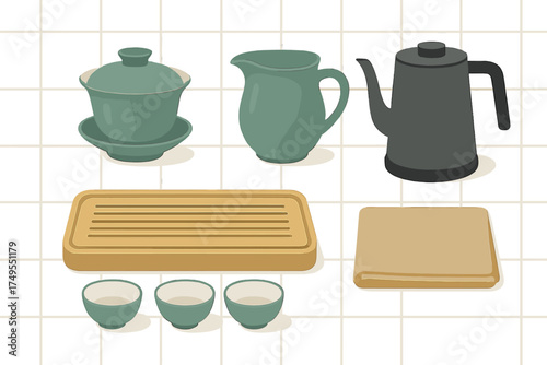 Traditional Chinese tea ceremony set including teapot, gaiwan, pitcher, cups, and wooden tray