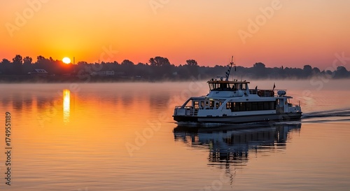 Ferry boat sailing on a calm river at sunrise with golden light and reflections.
