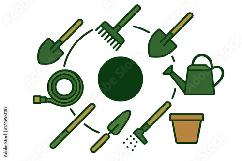 Set of essential gardening tools and equipment organized in a circular arrangement