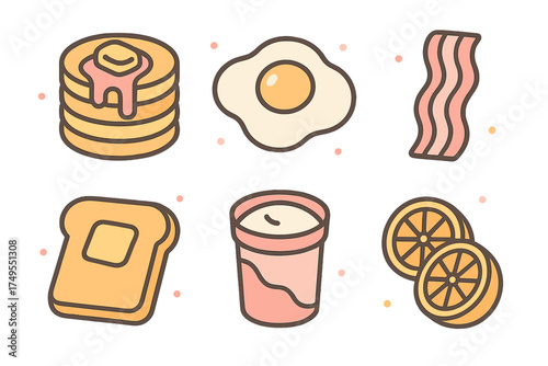 Popular breakfast foods assortment including pancakes, fried egg, bacon, and toast