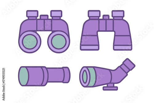 Collection of purple optical instruments for observation, viewing, and exploration activities